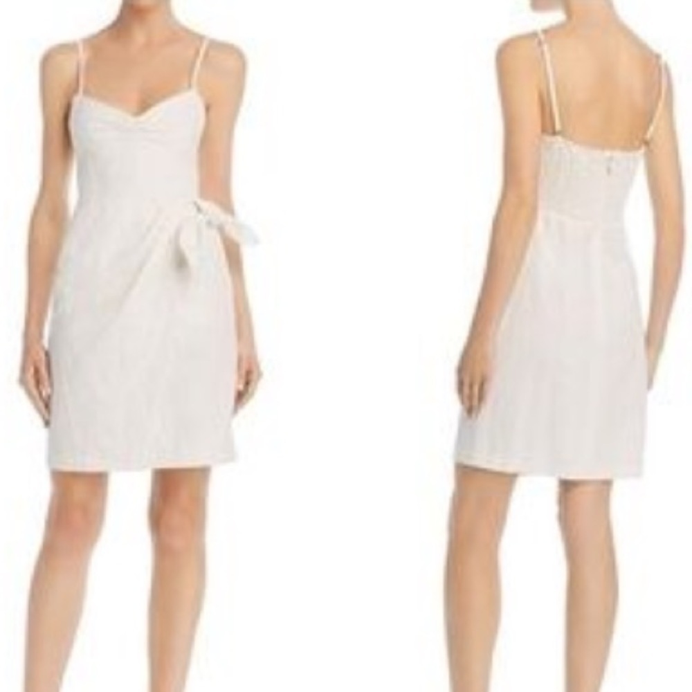 Rebecca Taylor Pinstripe Cotton & Linen Dress Cream Faux Wrap Sundress 4 Small